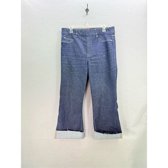 Spanx Womens Blue Pull On High Waisted Frayed Denim Cropped Wide Leg Jeans Size - Picture 9 of 10